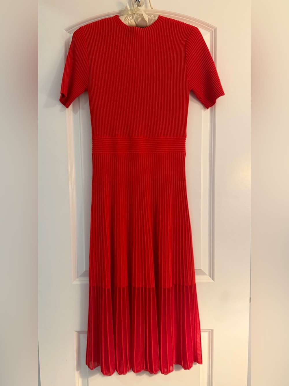 Striking Red Ribbed Dress with Sheer Hem